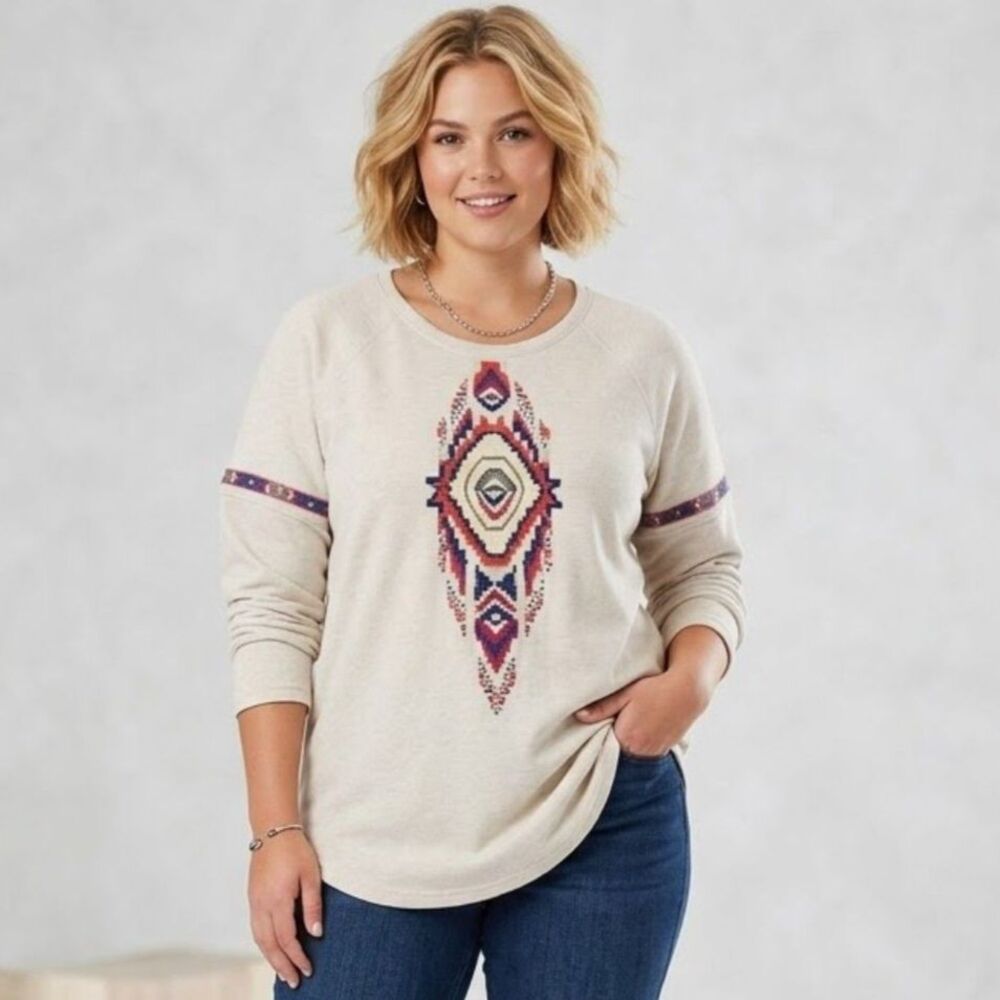 Ruff Hewn Oatmeal Aztec Beaded Fleece Tunic Sweatshirt Western Southwestern 2X
